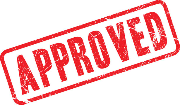 Approved rubber stamp seal with red ink on white background