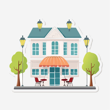 Illustration of a charming cafe with outdoor seating and street lamps