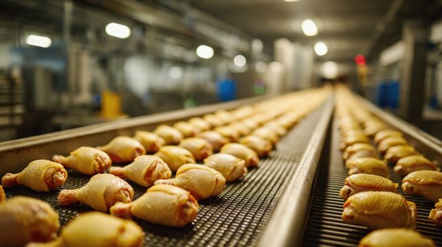 Raw chicken drumsticks on conveyor belt in food processing plant