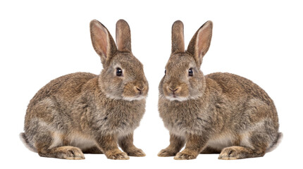 Obraz premium Two adorable brown rabbits, with soft fur and alert eyes, standing calmly isolated on a crisp white studio background, showcasing their gentle beauty and curious nature