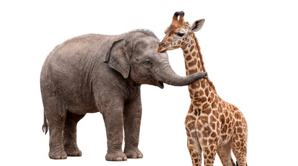 Fototapeta premium Adorable African elephant gently embraces a tall, graceful giraffe with its trunk, showcasing an unlikely yet heartwarming bond of interspecies friendship and affection