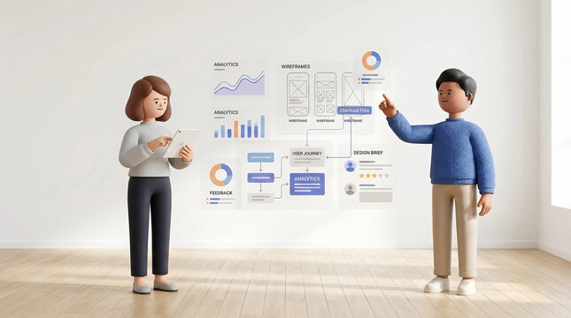 Illustrated team members showing user journey, UI wireframes and analytics for app design concept
