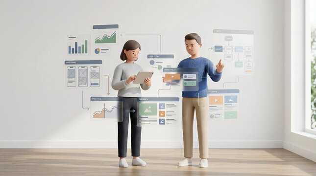 3D cartoon team discussing UX design dashboards with analytics, user flow and feedback