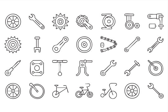 Bicycle maintenance icons, cycling tools, wheels and repair equipment symbols