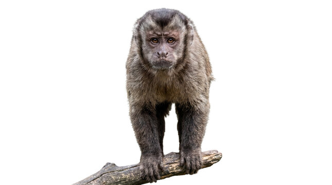 An alert capuchin monkey with an intelligent, focused gaze stands on a branch. Its detailed fur contrasts sharply against a pristine white background, capturing its wild essence