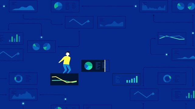 Character Walking Towards Goal Success Flag on Financial Bar Chart 2D Animation