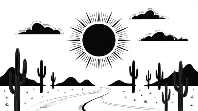 Desert landscape with cacti and sun  arid environment with road and mountains