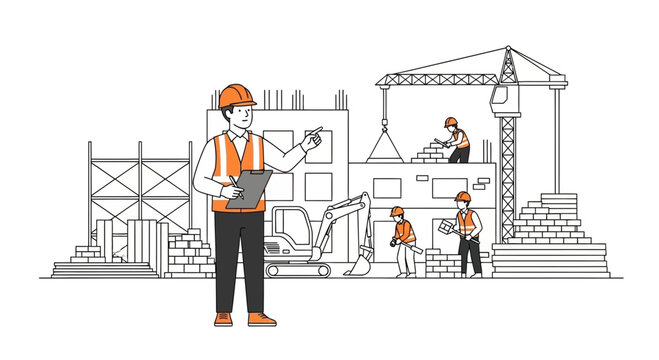 Construction site with workers, crane, excavator, and building progress