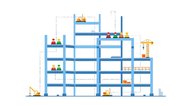 Construction site, building skeleton, workers, crane, modern architecture