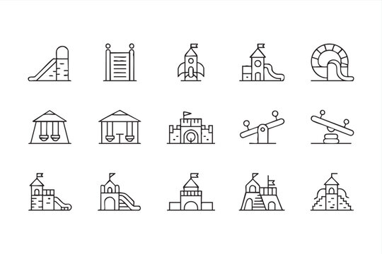 Children playground icons, slides, swings and playset equipment symbols