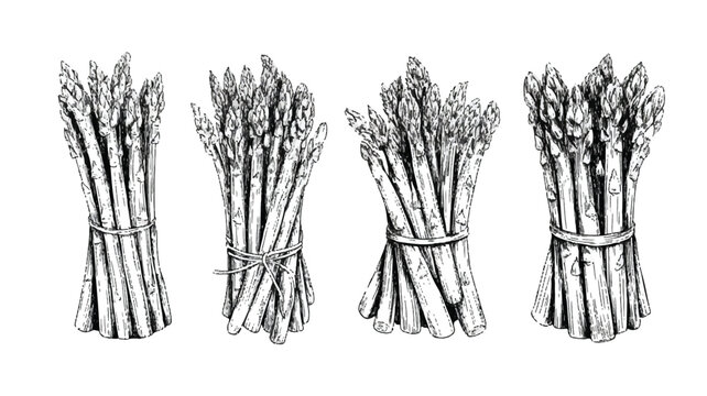 Four bunches of asparagus tied with string on white background