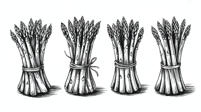 four bunches of fresh asparagus tied with string