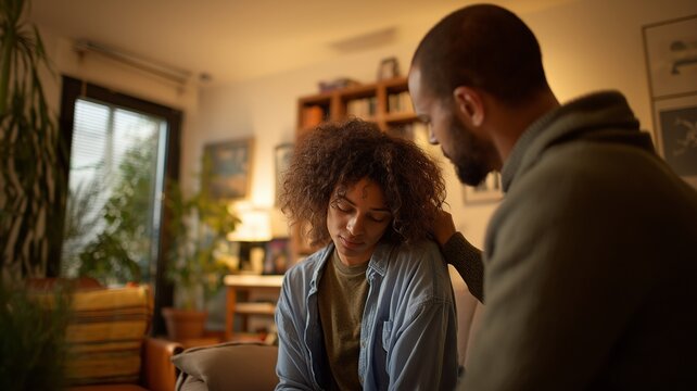 A loving spouse comforts a somber, depressing moment