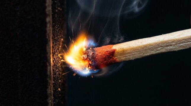High Speed Macro of Wooden Match Igniting with Sparks and Ethereal Smoke Trails