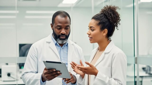 Two scientists in lab coats discuss findings on a tablet
