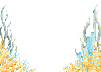 Underwater coral reef frame. Watercolor kids illustration of undersea flora. Decorative ocean banner with seaweed and aquatic plant. Marine life scenery template for baby shower card, summer design © Fedulova_art