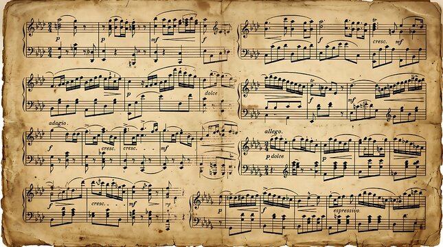 vintage handwritten sheet music on aged parchment background with musical notes