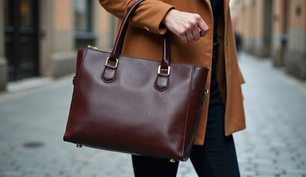Woman hand holding brown leather handbag on a European street.