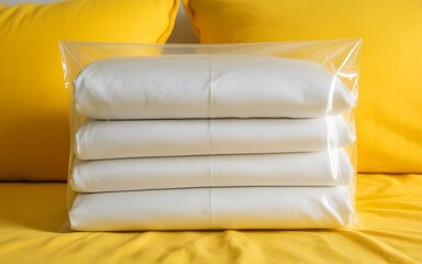 Fototapeta premium High Quality Folded White Sheets Protection Clear Plastic Sleeve Yellow Bed Photo