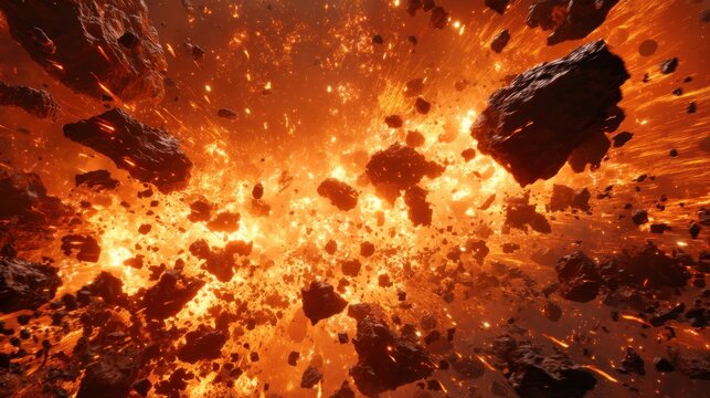 Fiery explosion with rocks abstract background