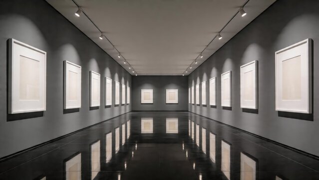 Art gallery hallway with framed empty canvases