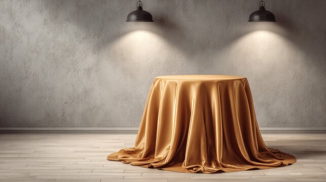 Round table draped in golden cloth under spotlights indoors