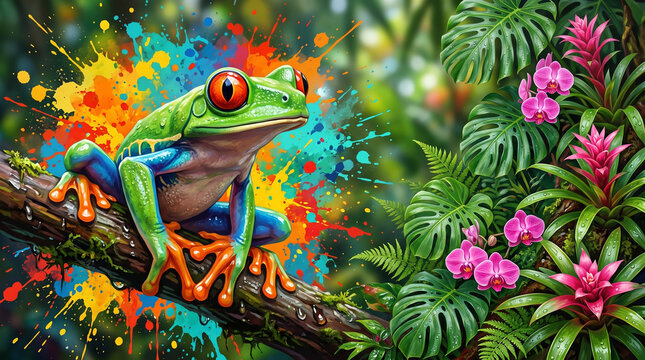 Vibrant red eyed tree frog resting upon a mossy branch surrounded by artistic paint splashes and lush tropical jungle foliage