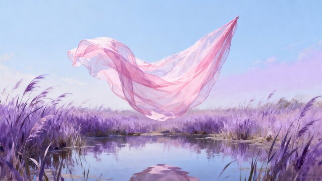 Pink fabric floating over purple field