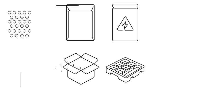 Electronics shipping and packaging collection of 4 icons including bubble mailer, antistatic bag, corrugated box and component tray with editable stroke for modern minimalist ecommerce design.