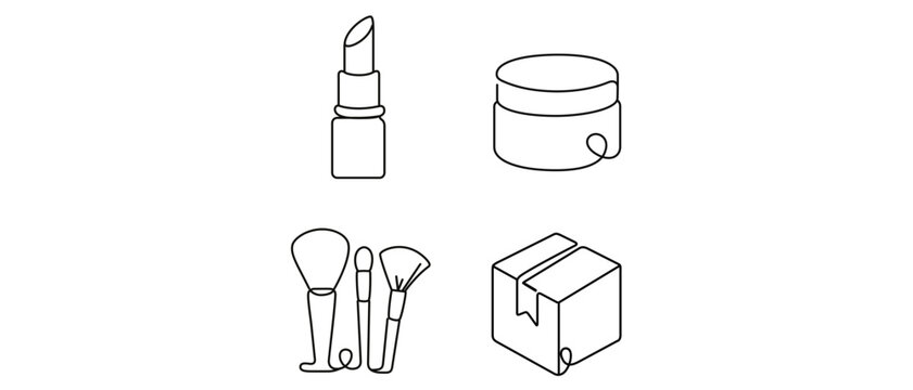 Beauty ecommerce packaging vector icon set with lipstick tube, cosmetic jar, makeup brush, and shipping box featuring editable stroke for online shop marketing and retail logistics collection.
