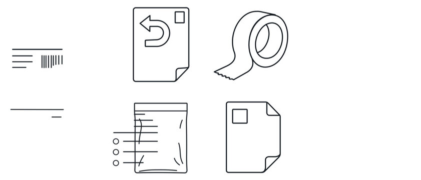 Editable stroke vector icon set for ecommerce return logistics showing shipping label, packing tape, plastic bag, and return form in a professional collection of 4 icons for business use.