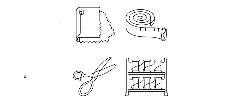 This professional vector icon set features a textile swatch book, fiberglass measuring tape, tailor scissors, and thread spool rack for fabric ecommerce shops, with an editable stroke design.