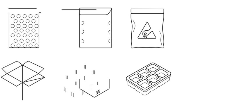 Specialized electronics shipping material vector icon set with editable stroke featuring antistatic bag, bubble lined mailer, component tray and corrugated box for logistics and web design.