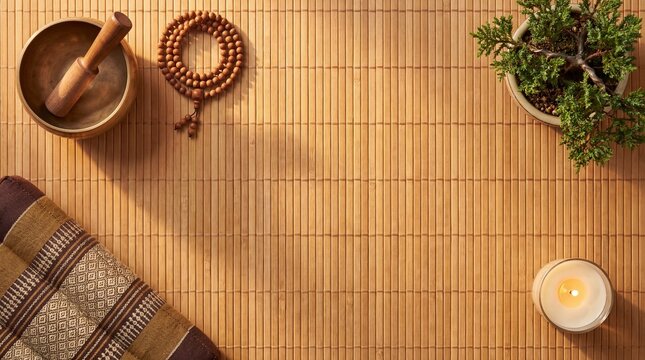 Meditation yoga wellness flat lay of singing bowl mala beads and bonsai plant on bamboo mat with copy space