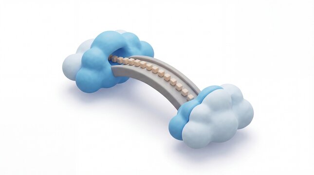 Cloud migration bridge connecting two fluffy clouds in a claymorphism 3d render isolated on a white background with copy space