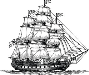Vintage Sailing Ship Illustration with Detailed Masts and Sails in Engraving Style for Maritime History, Nautical Adventure, and Classic Design Projects. © Lipi