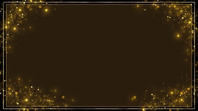 Golden sparkle frame border luxury corner particles, thin glowing lines, dark empty center, elegant festive shine. wedding videos, award titles, invitations, celebration promos, and premium overlays.