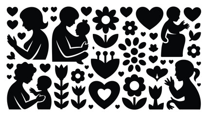 Fototapeta premium Chunky bold silhouette icons representing motherhood family love and celebration with flowers and hearts ideal for mother's day and greeting cards