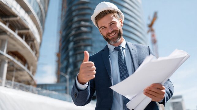 Smiling Caucasian male engineer giving a thumbs up at a construction site.