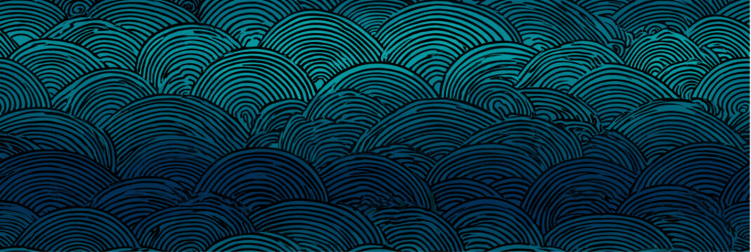 Abstract design showing stylized ocean waves or contour lines creating a gradient pattern. Teal and navy blue wave topography seamless pattern
