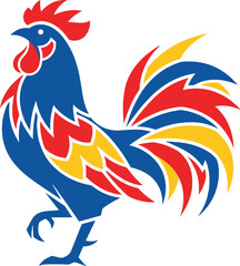 Colorful Rooster Mascot Logo Vector Featuring Red Blue and Yellow Stylized Feathers for Farm Branding Sports Team Identity and French Cultural Symbol Graphic Designs © MD