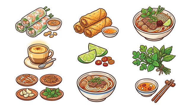 A vibrant illustration showcasing a variety of delicious Vietnamese dishes and ingredients, including spring rolls, pho, and coffee.