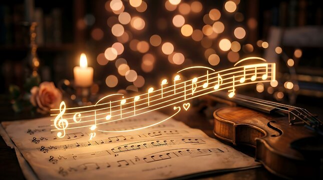 Elegant musical notes glowing above open sheet music with violin in warm ambient lighting
