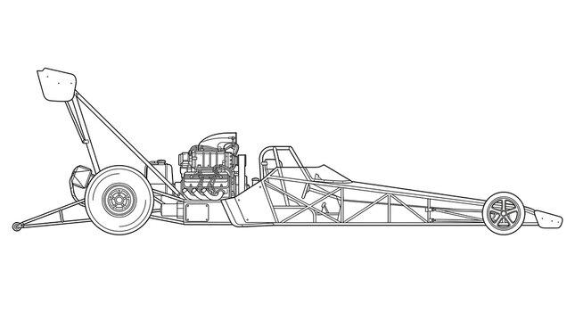 A sleek dragster racing car with a streamlined body and large rear wheel