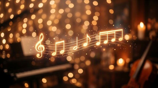 Bright musical notes with glowing treble clef and vibrant background