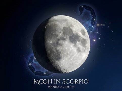 Moon in Scorpio Waning Gibbous Phase with Scorpius Constellation and Antares Star, Astrology Lunar Calendar Illustration