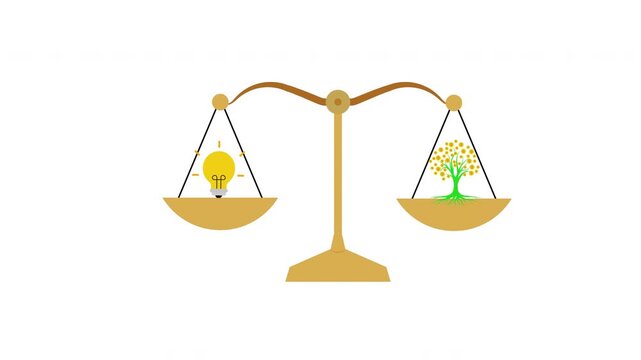 The value of an idea versus money concept. Animated scale balancing innovation and financial profit, representing business strategy, investment, and intellectual property value.