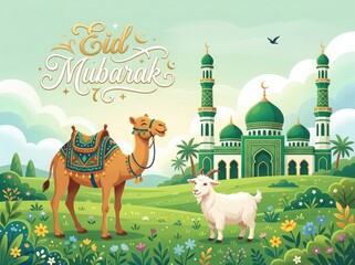 Fototapeta premium Eid ul adha mubarak festive illustration with camel goat mosque for islamic holiday