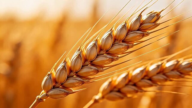 Closeup of golden wheat ears in field
