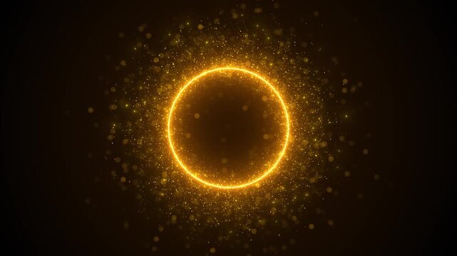 Golden particle ring background bright circular glow, floating dust, soft bokeh, and dark luxury space. for logo reveals, award intros, magical titles, festive videos, and elegant motion overlays.